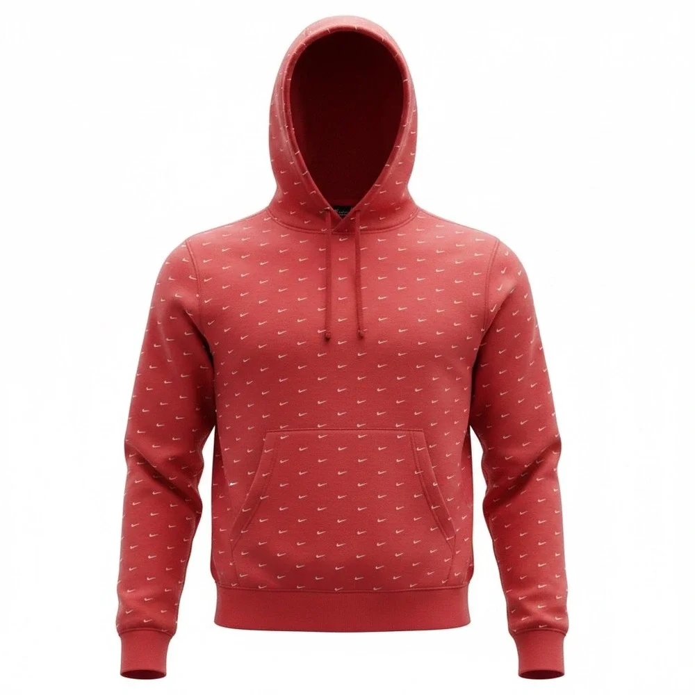 Nike Sportswear Club Fleece All Over Print Swoosh Hoodie Red Mens Medium
